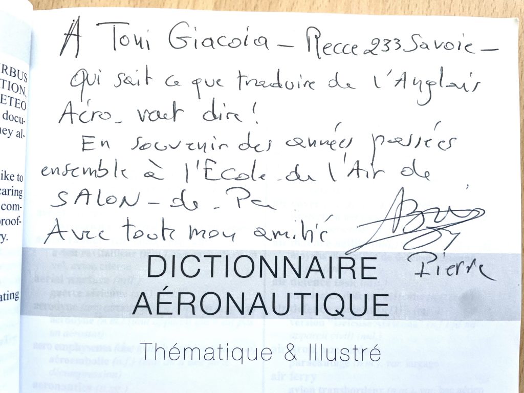 Dictionnaire de l'aéronautique de Pierre Boi 3e édition, dédicace à Toni Giacoia